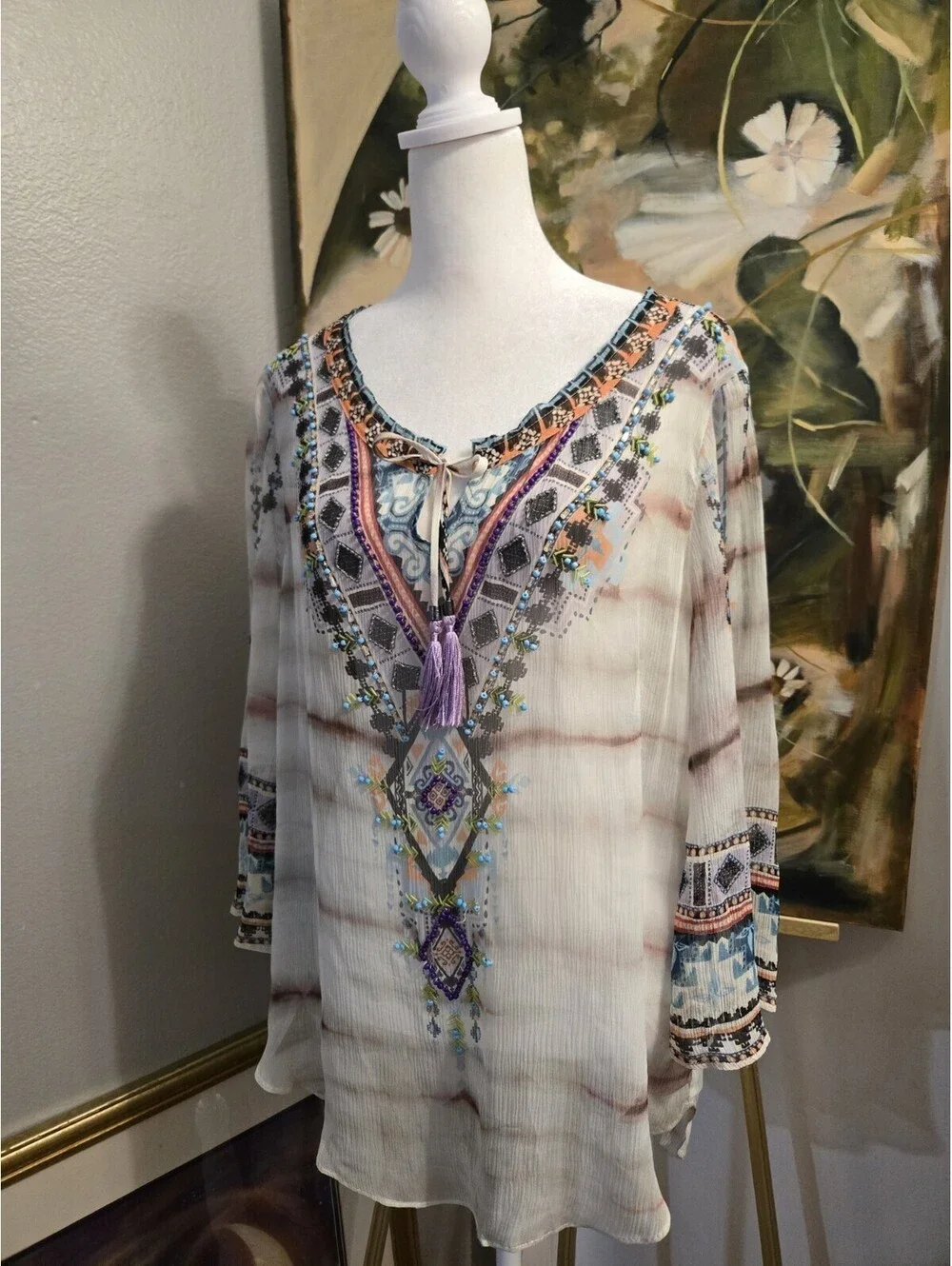 Hale Bob Women's Wearable Art Silk Crinkle Chiffon Beaded Detail Blouse Size M